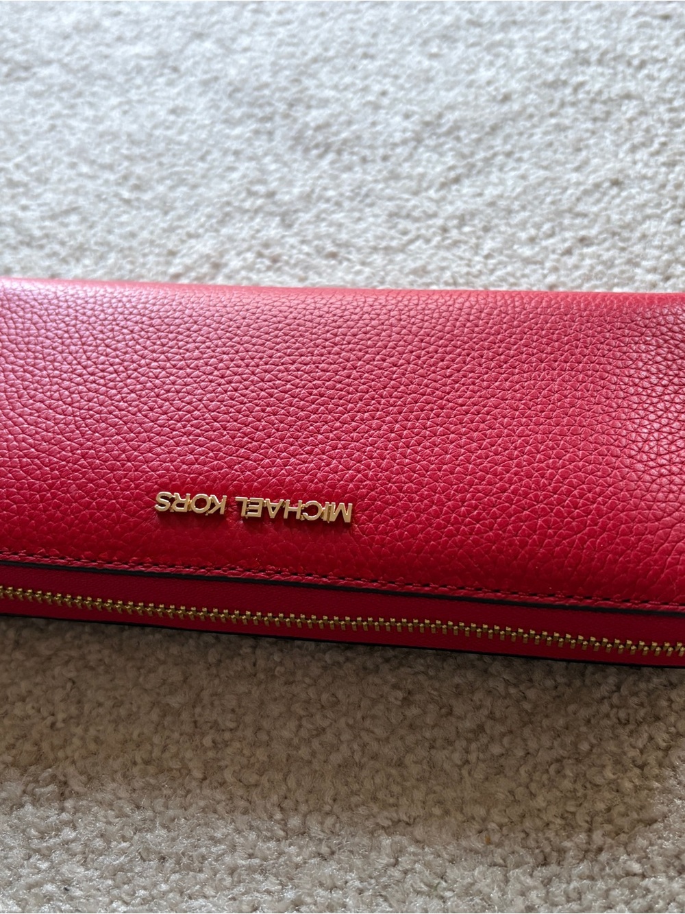 Michael Kors Pink-Red Pebbled Zip Wallet with Gold Logo